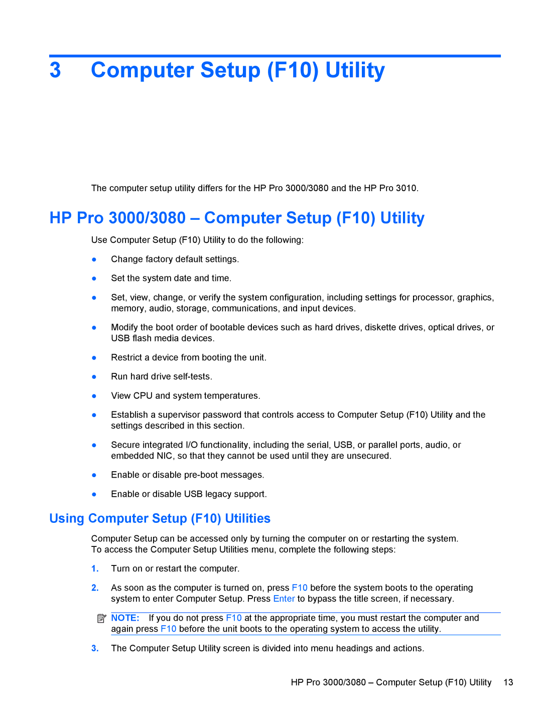 HP manual HP Pro 3000/3080 Computer Setup F10 Utility, Using Computer Setup F10 Utilities 