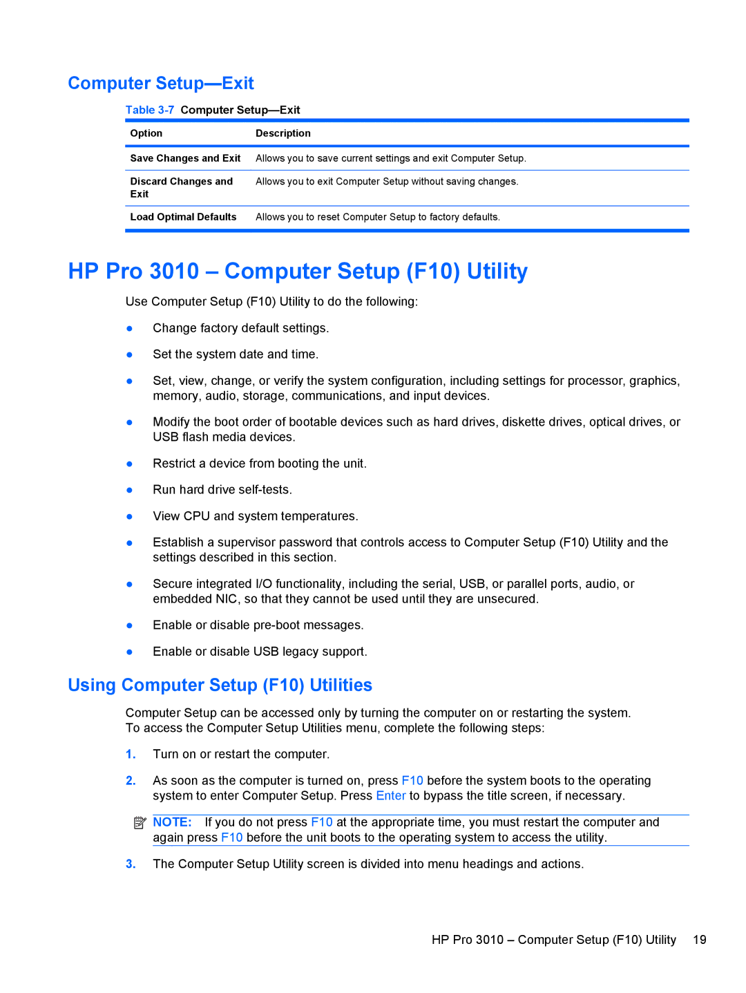 HP 3080 manual HP Pro 3010 Computer Setup F10 Utility, 7Computer Setup-Exit 