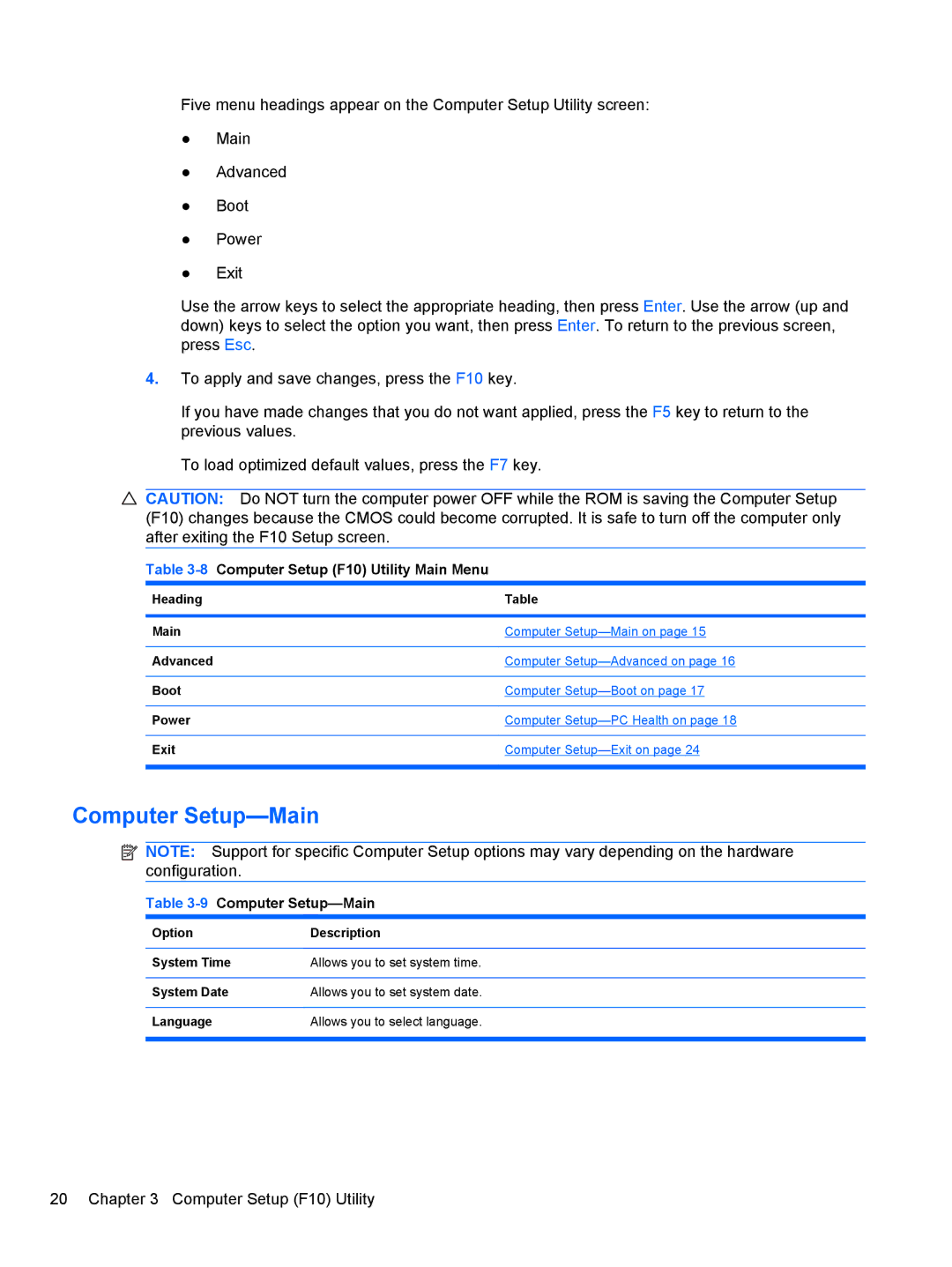 HP 3080 manual 8Computer Setup F10 Utility Main Menu, 9Computer Setup-Main 