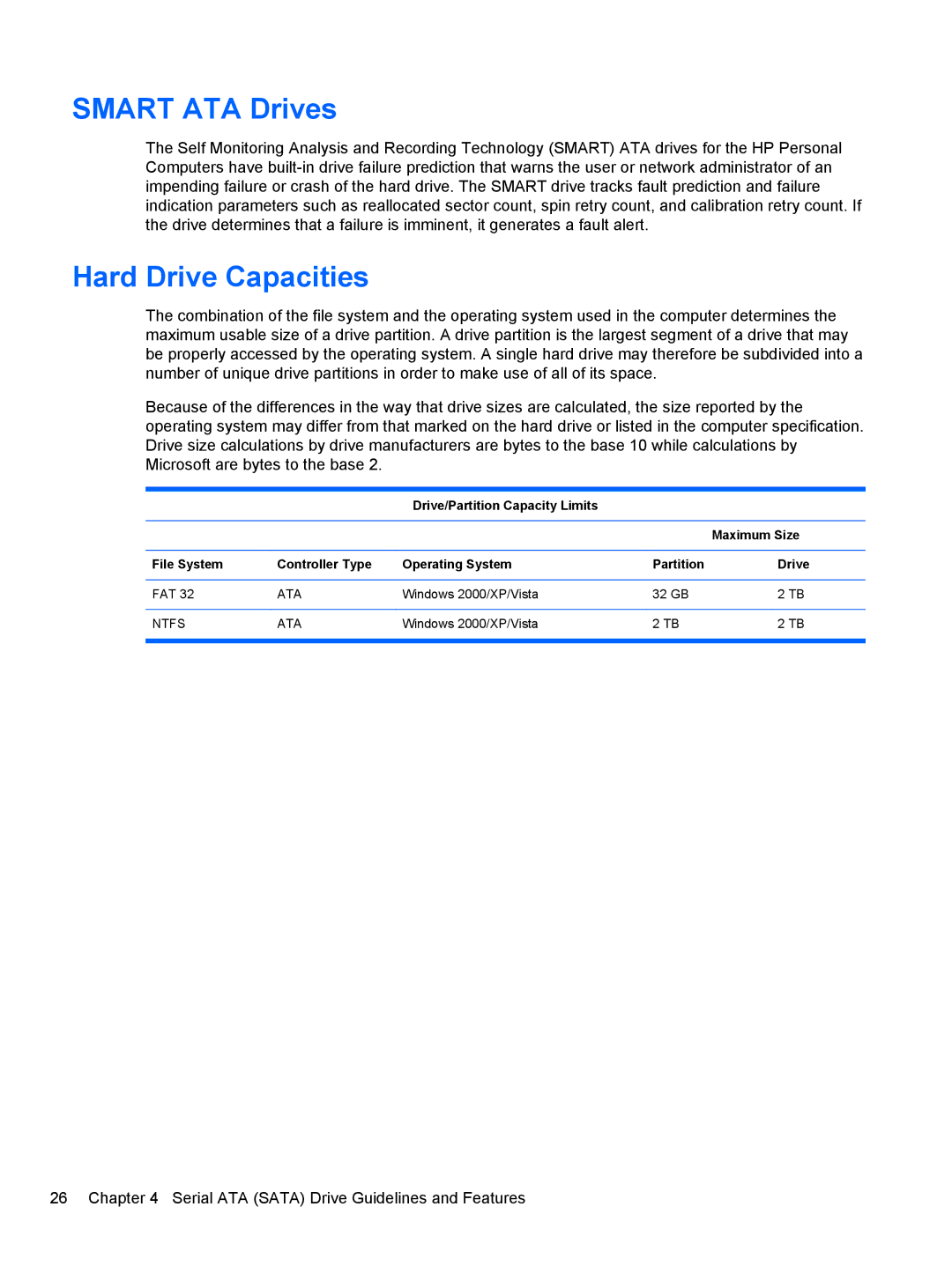 HP 3080 manual Smart ATA Drives, Hard Drive Capacities 