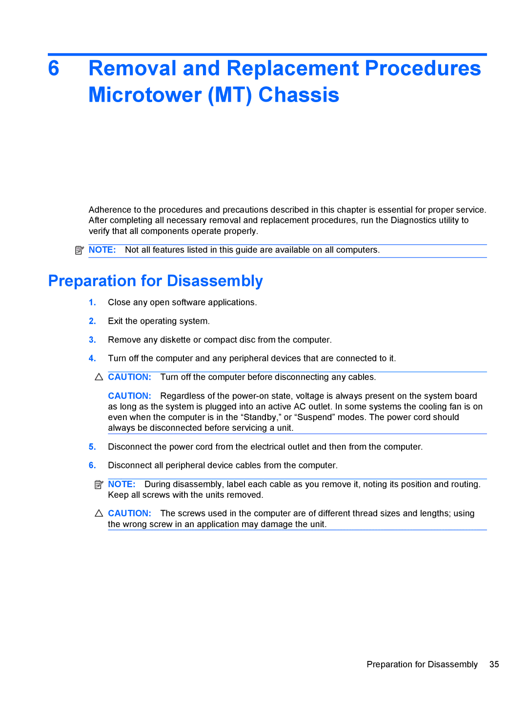 HP 3080 manual Removal and Replacement Procedures Microtower MT Chassis, Preparation for Disassembly 