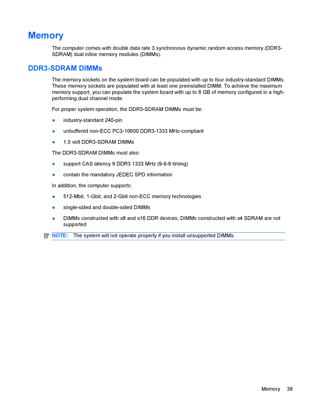 HP 3080 manual Memory, DDR3-SDRAM DIMMs 