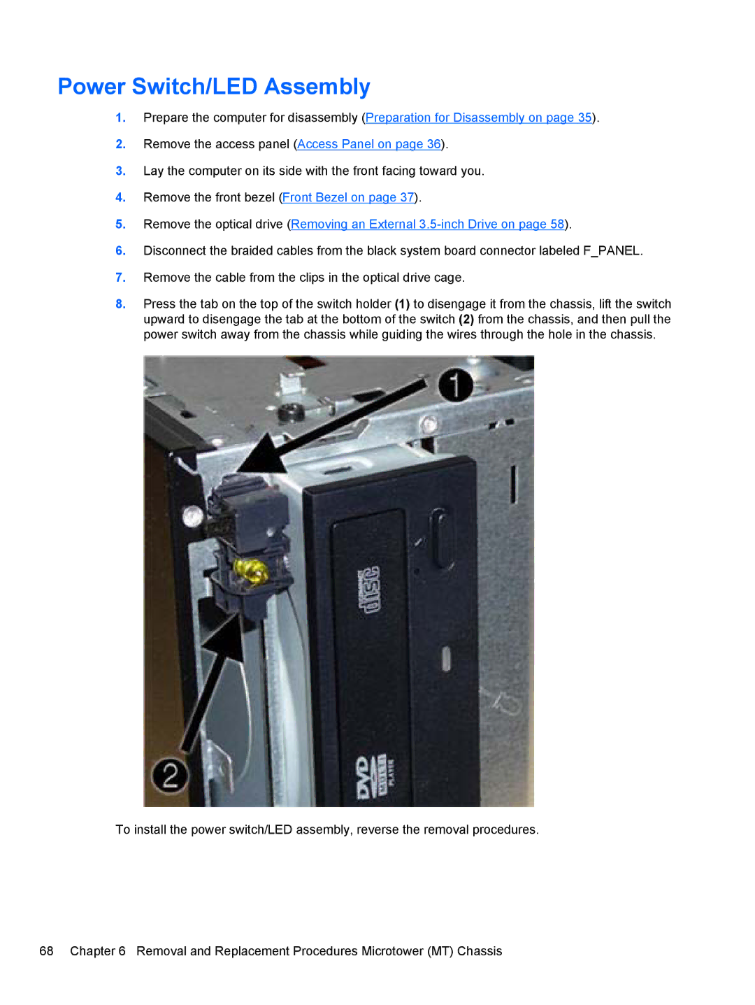 HP 3080 manual Power Switch/LED Assembly 