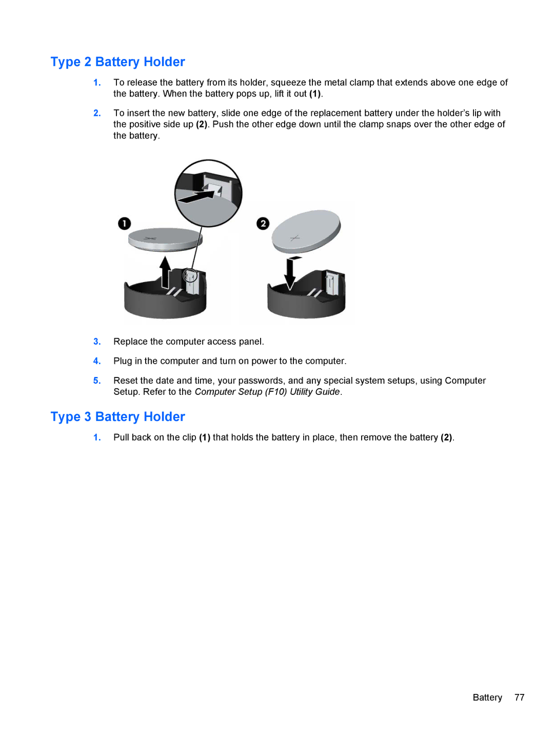 HP 3080 manual Type 2 Battery Holder, Type 3 Battery Holder 