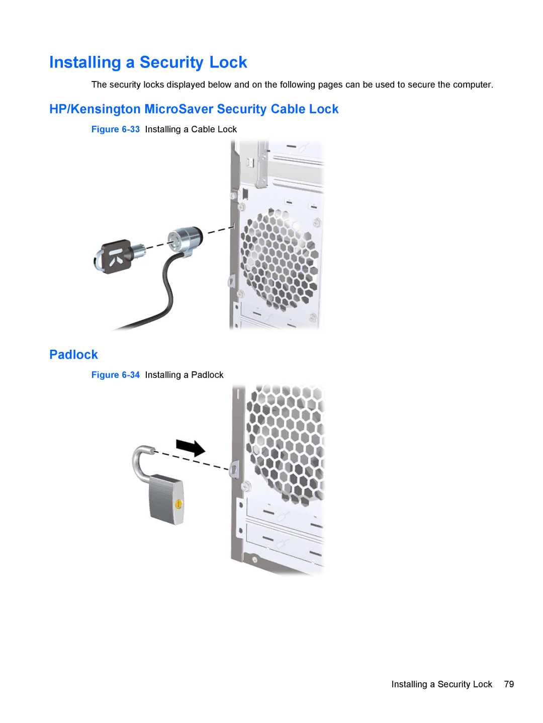 HP 3080 manual Installing a Security Lock, HP/Kensington MicroSaver Security Cable Lock, Padlock 