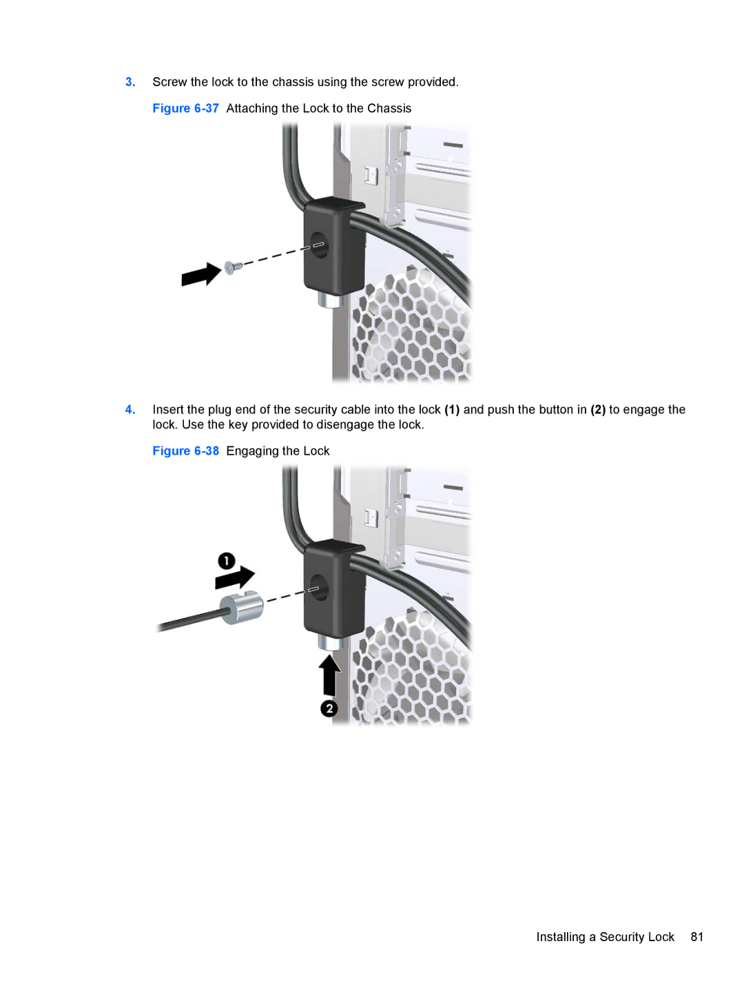 HP 3080 manual 38Engaging the Lock Installing a Security Lock 