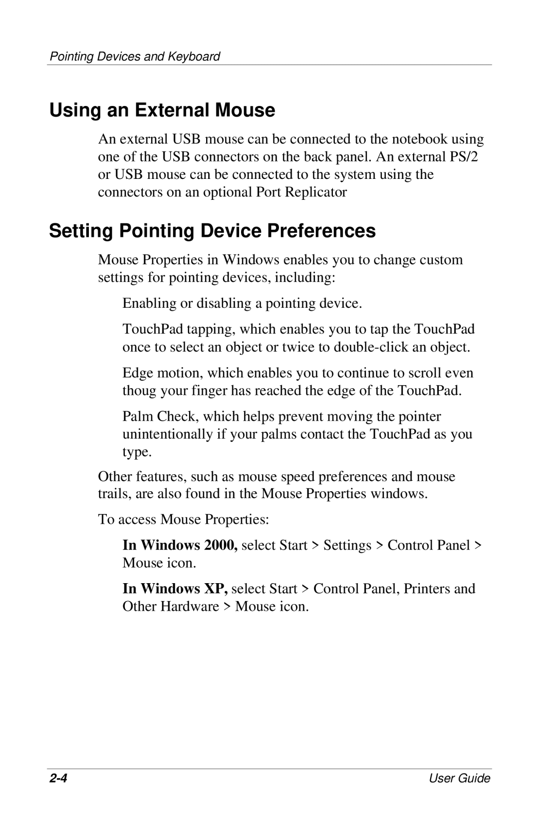 HP 309971-001 manual Using an External Mouse, Setting Pointing Device Preferences 