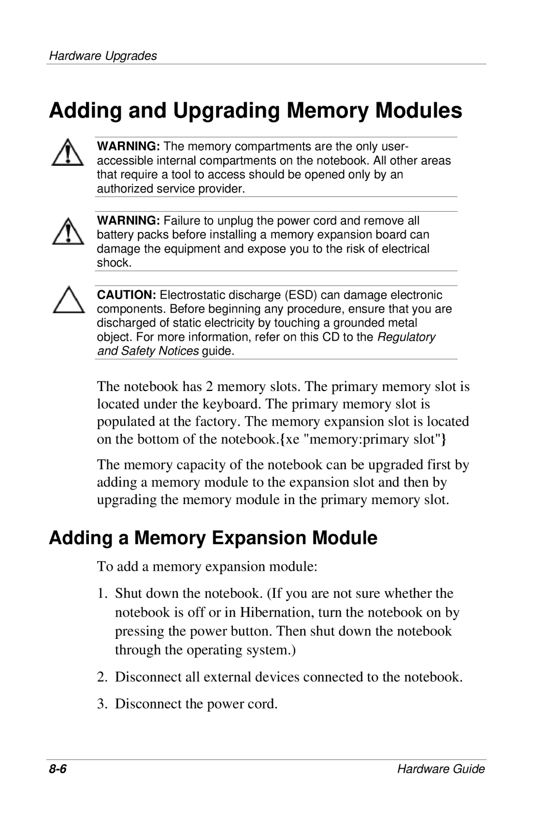 HP 309971-001 manual Adding and Upgrading Memory Modules, Adding a Memory Expansion Module 