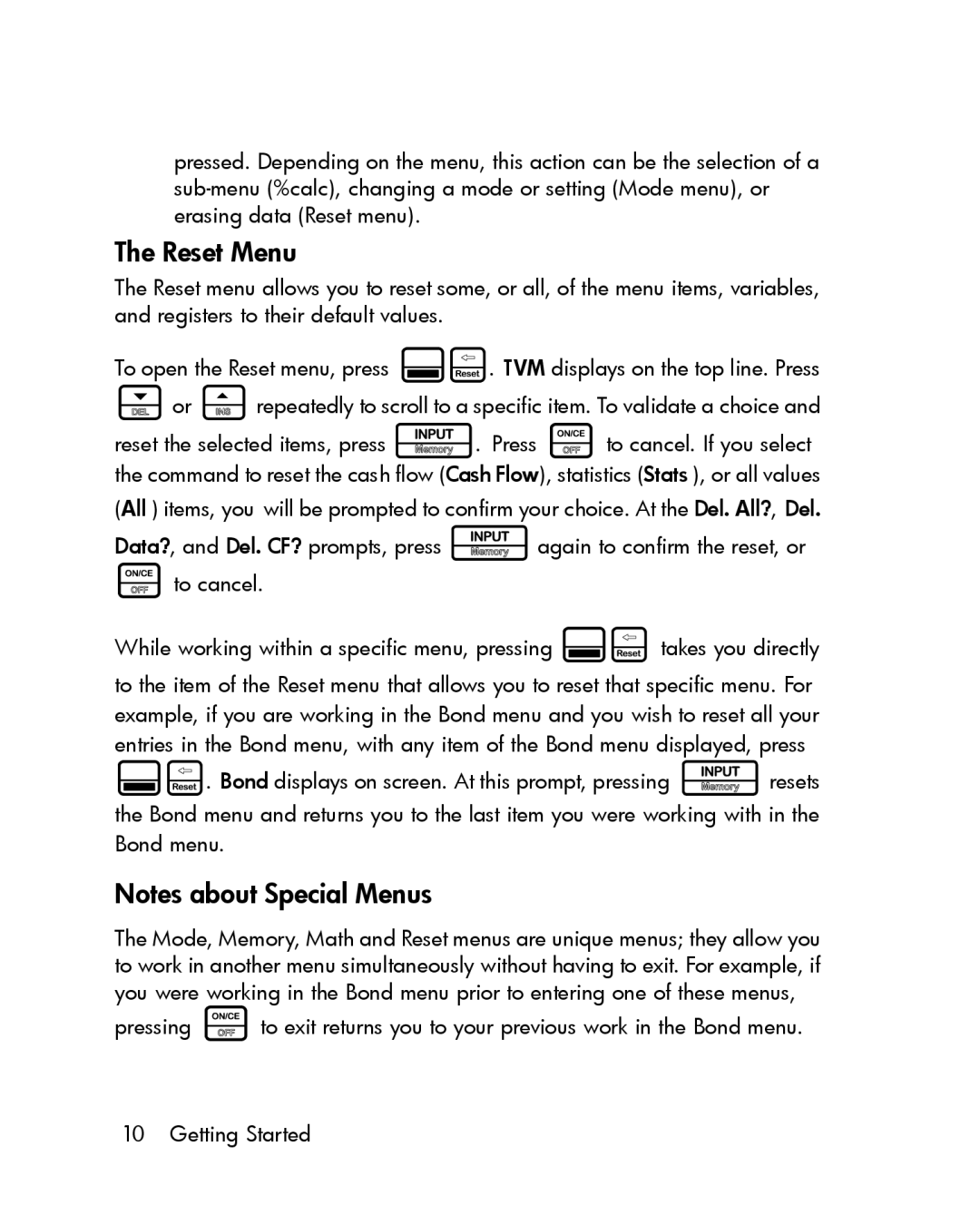 HP 30b Professional manual Reset Menu 