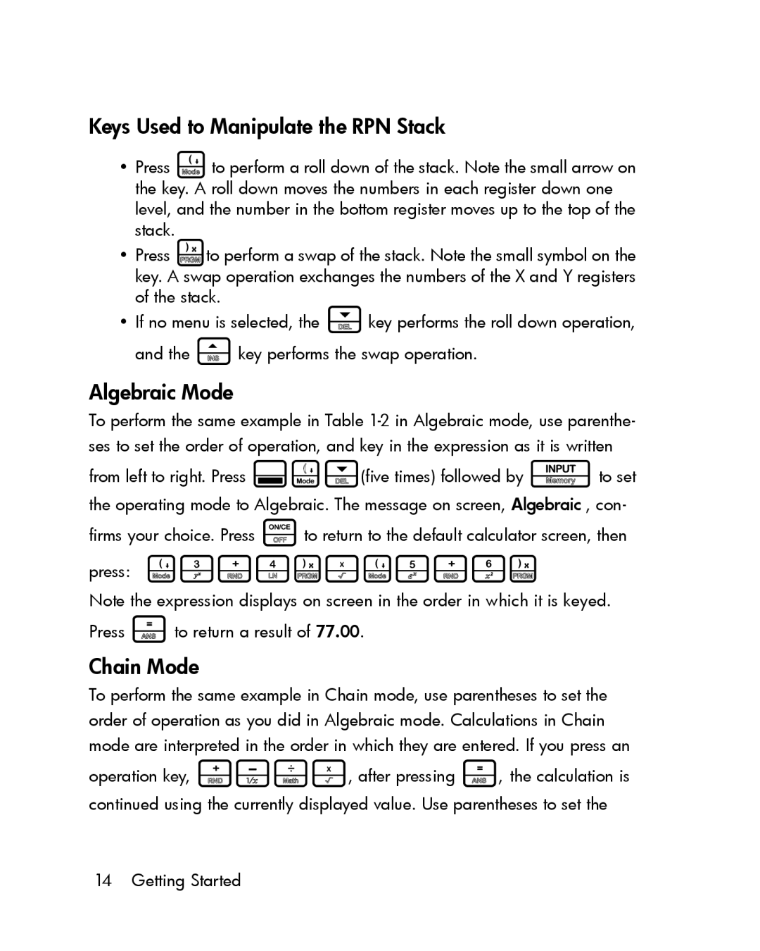 HP 30b Professional manual Keys Used to Manipulate the RPN Stack, Algebraic Mode 