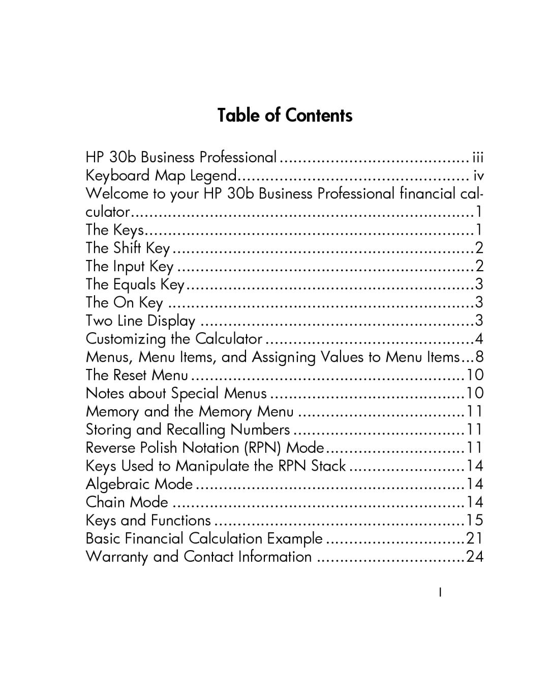 HP 30b Professional manual Table of Contents 