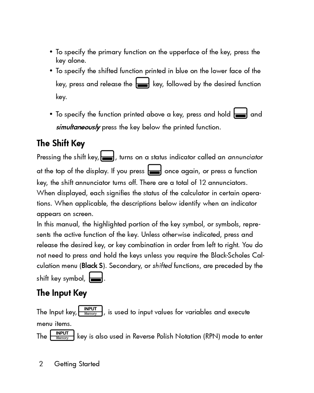 HP 30b Professional manual Shift Key, Input Key, Shift key symbol 