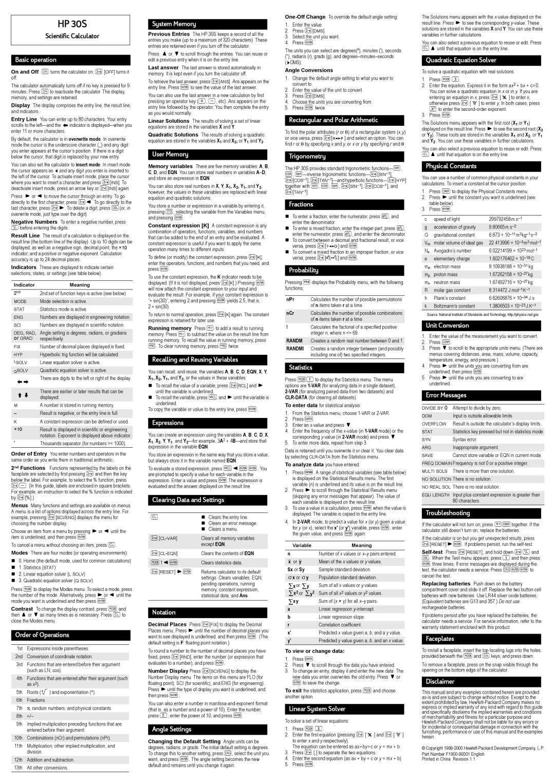 HP 30s Scientific manual Basic operation, System Memory, User Memory, Rectangular and Polar Arithmetic, Trigonometry 