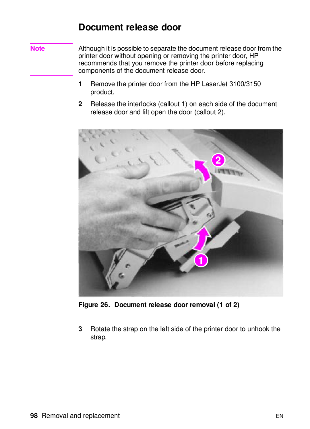 HP 3100, 3150 manual Document release door removal 1 