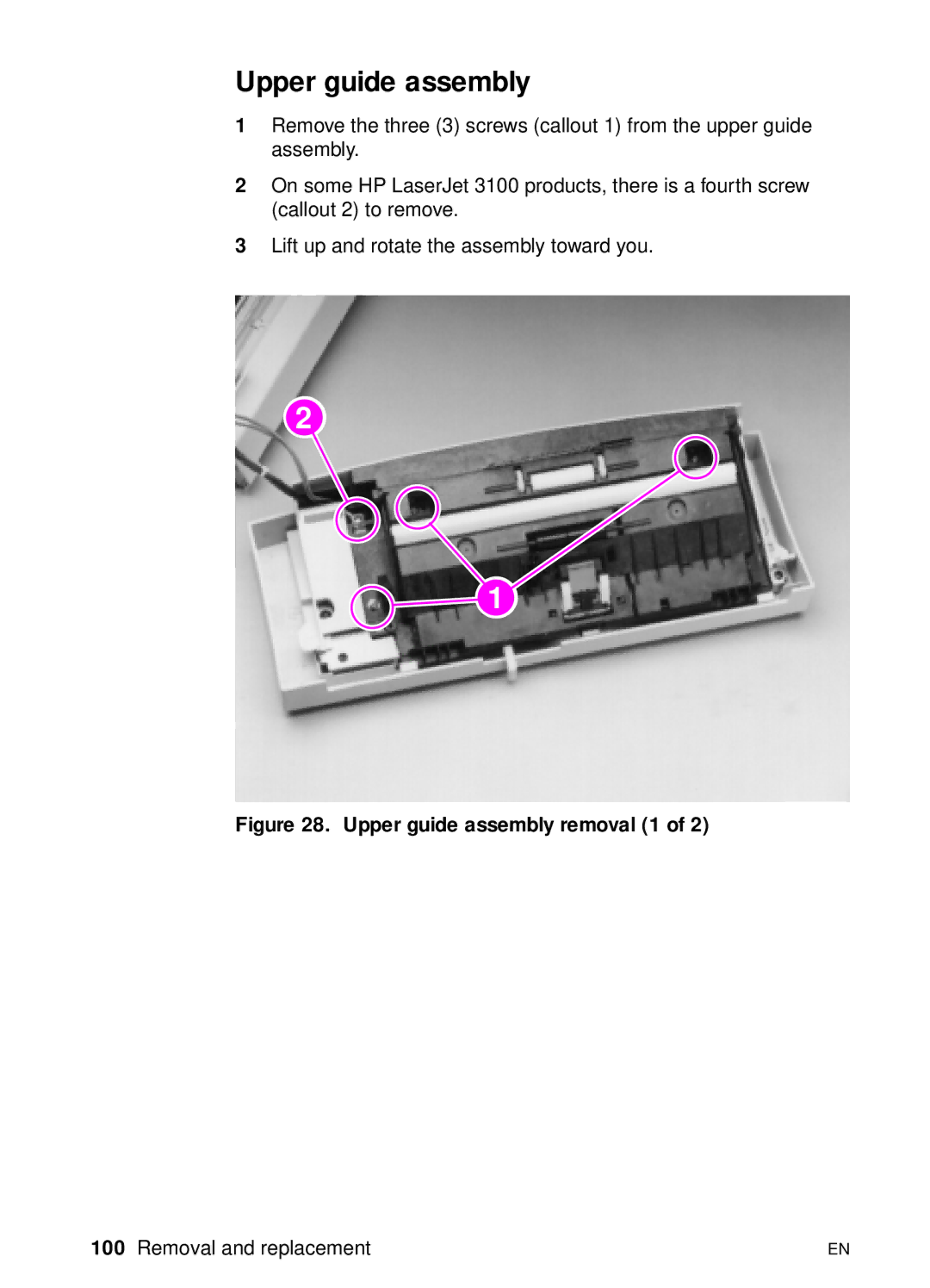 HP 3100, 3150 manual Upper guide assembly removal 1 