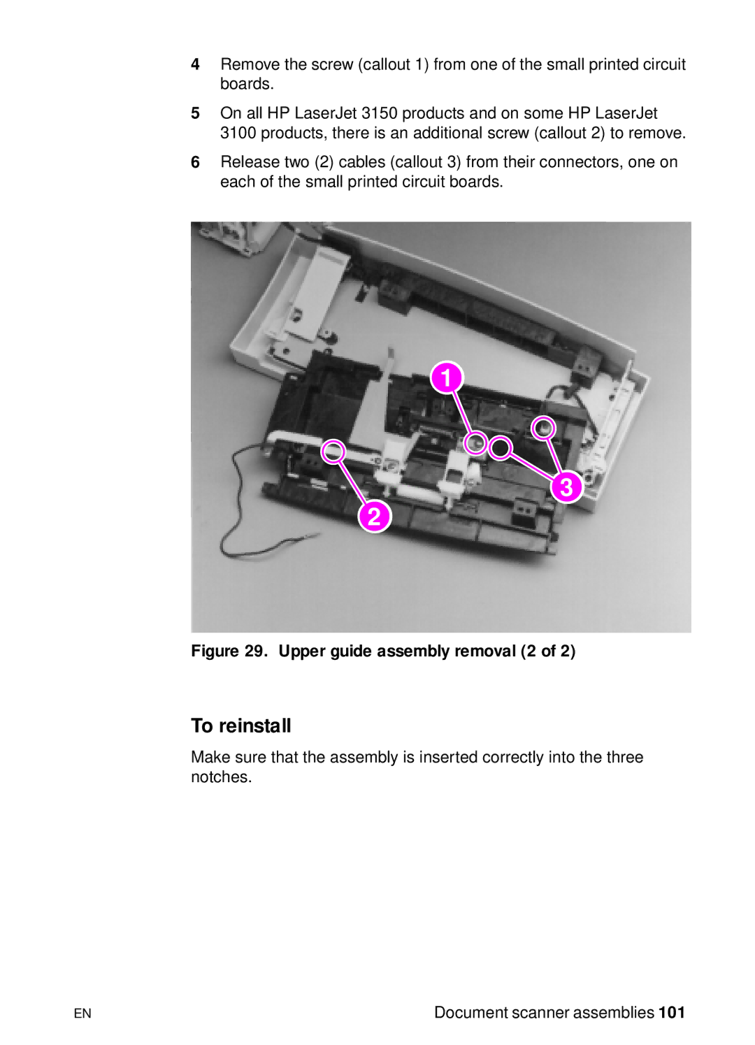 HP 3150, 3100 manual Upper guide assembly removal 2 