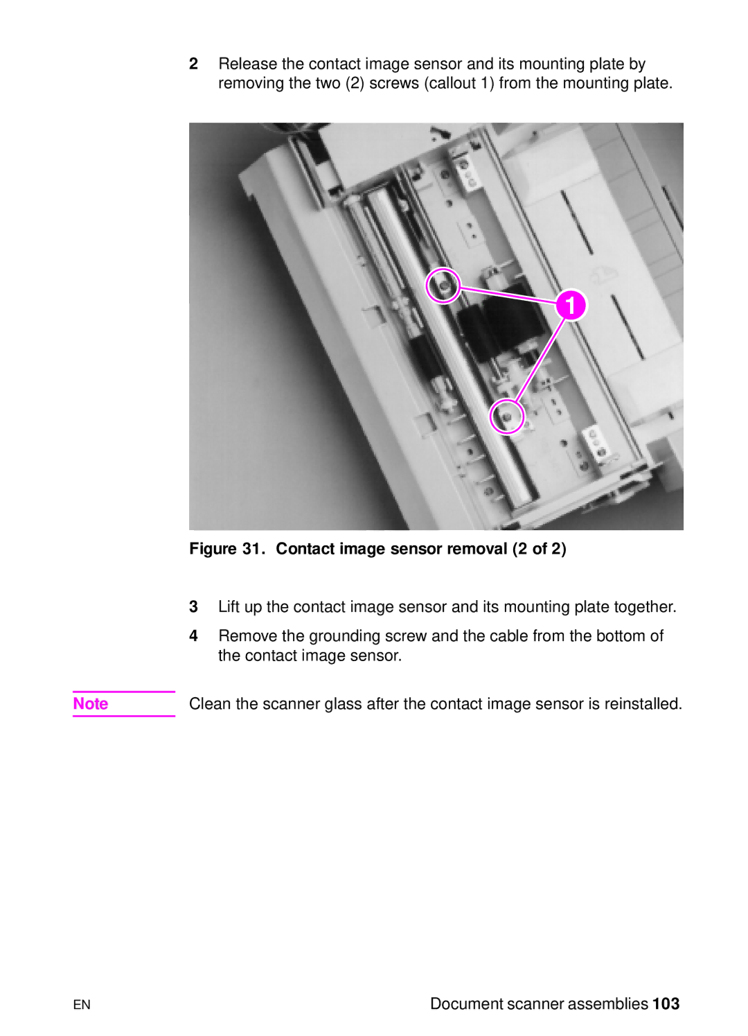 HP 3150, 3100 manual Contact image sensor removal 2 