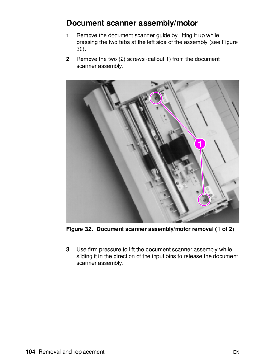 HP 3100, 3150 manual Document scanner assembly/motor removal 1 