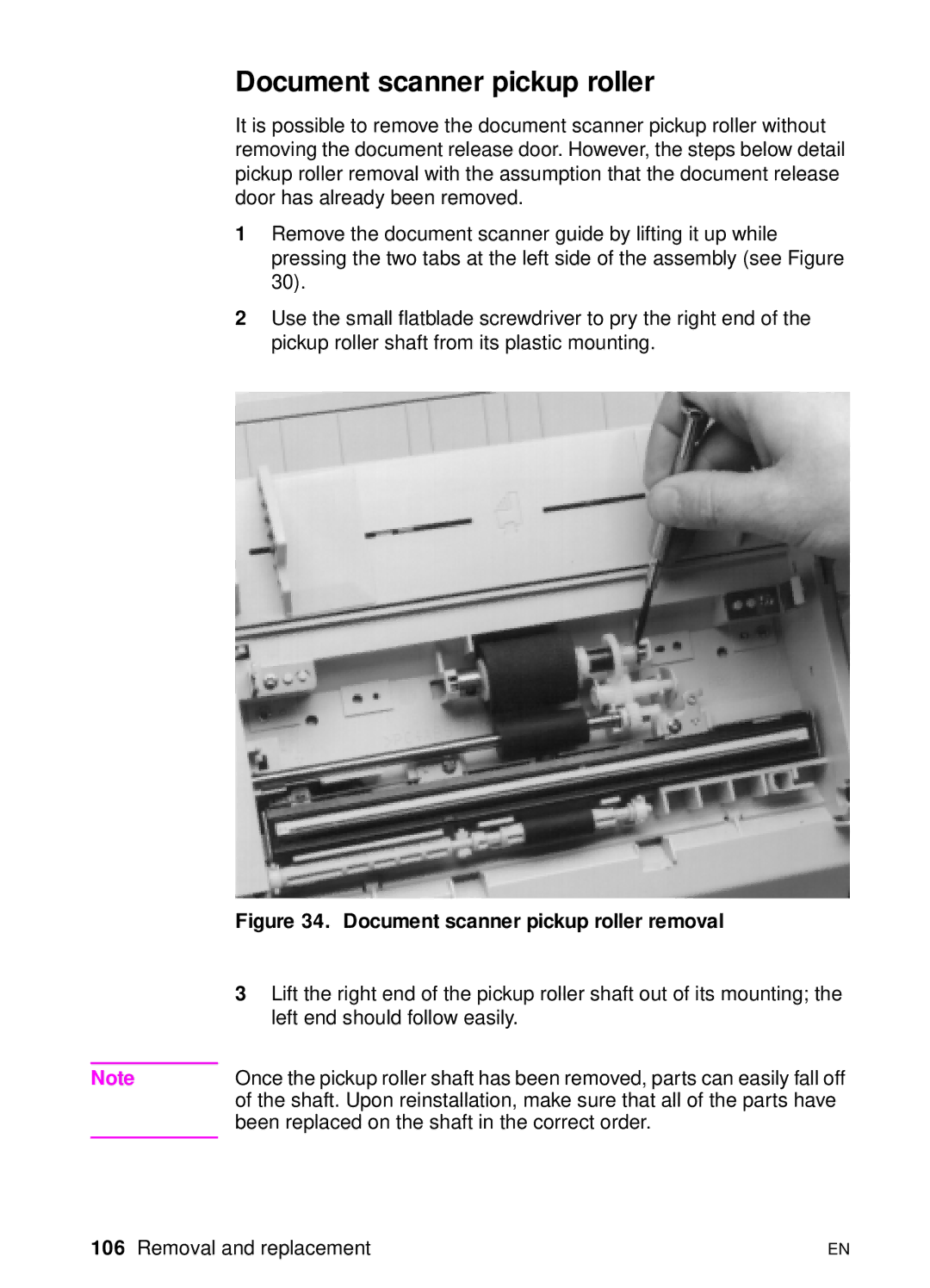 HP 3100, 3150 manual Document scanner pickup roller removal 