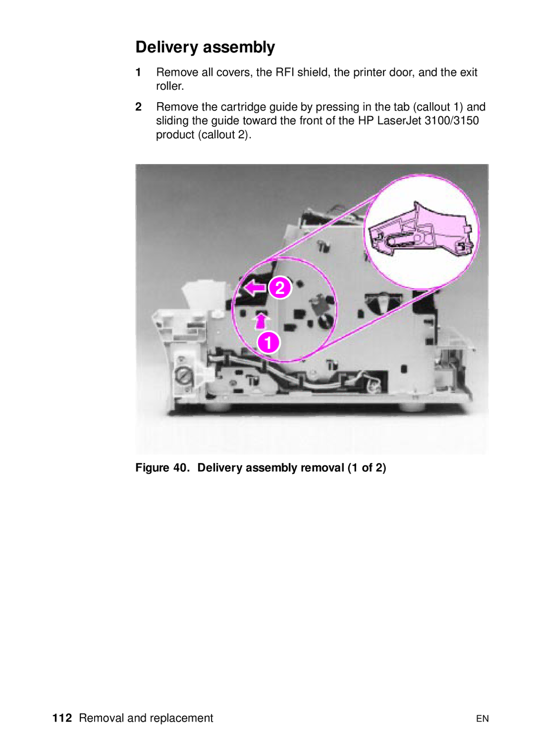 HP 3100, 3150 manual Delivery assembly removal 1 