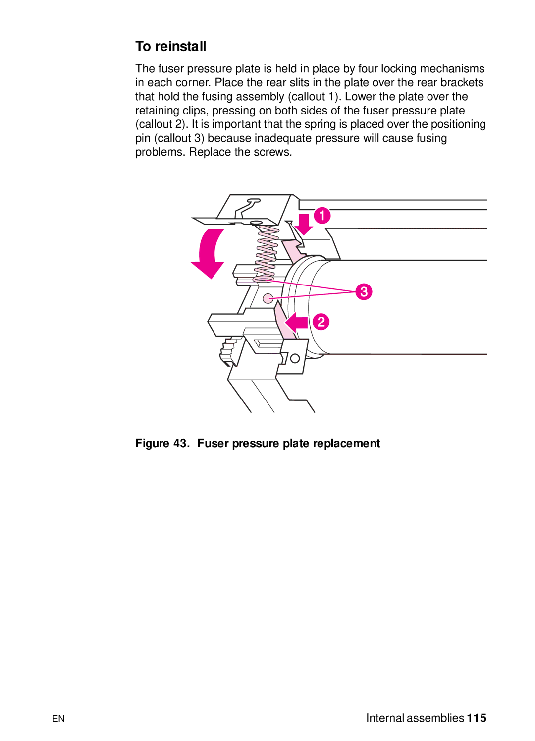 HP 3150, 3100 manual Fuser pressure plate replacement 