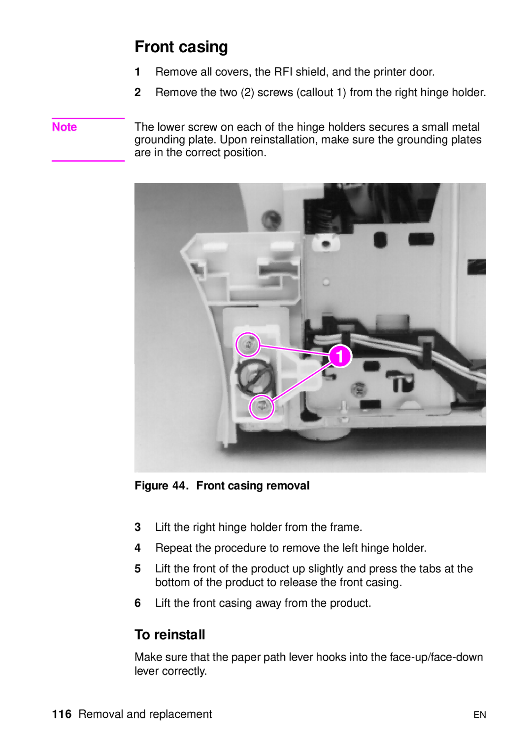 HP 3100, 3150 manual Front casing removal 