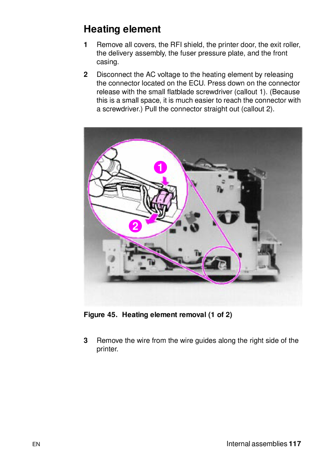 HP 3150, 3100 manual Heating element removal 1 