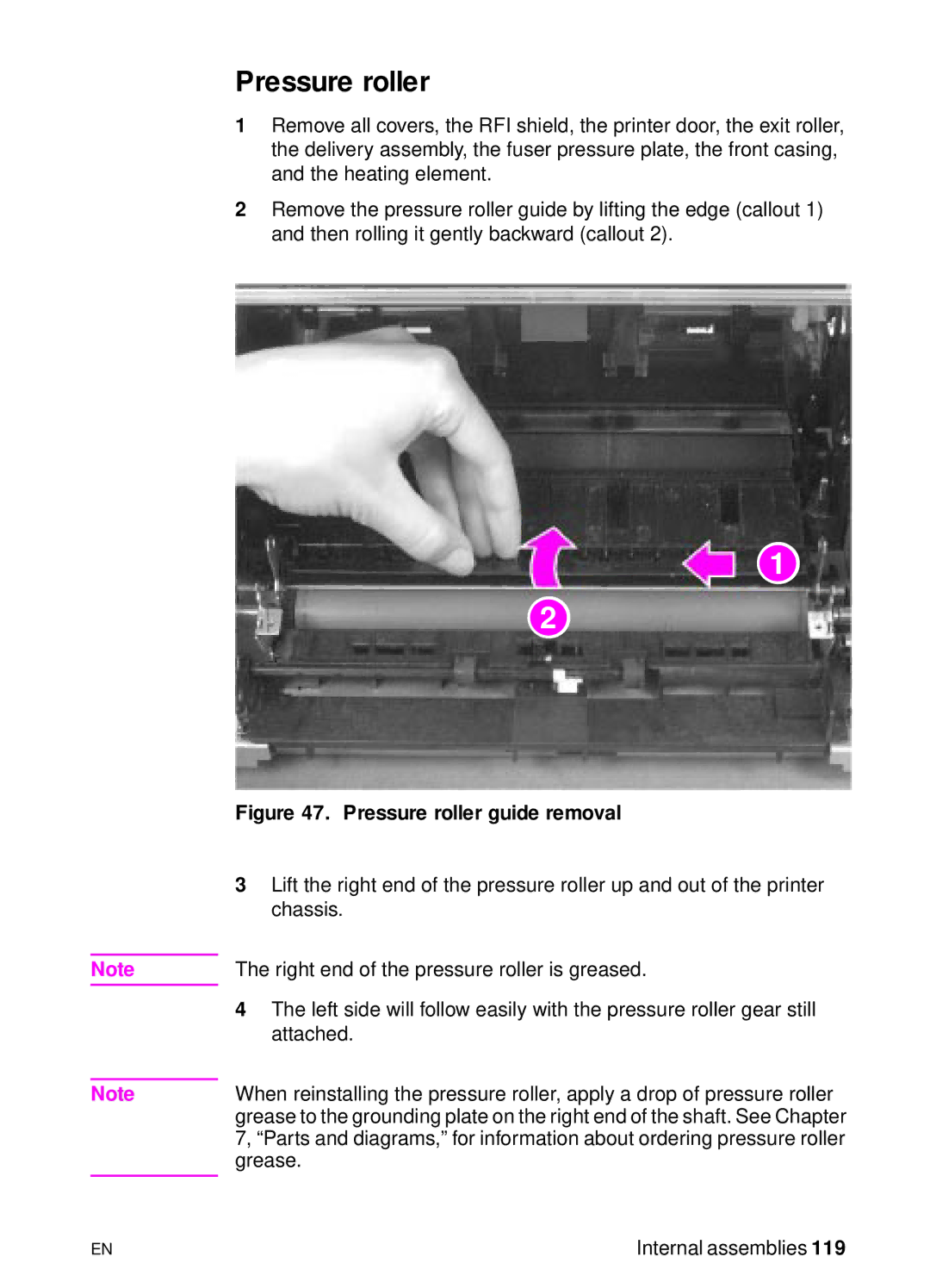 HP 3150, 3100 manual Pressure roller guide removal 