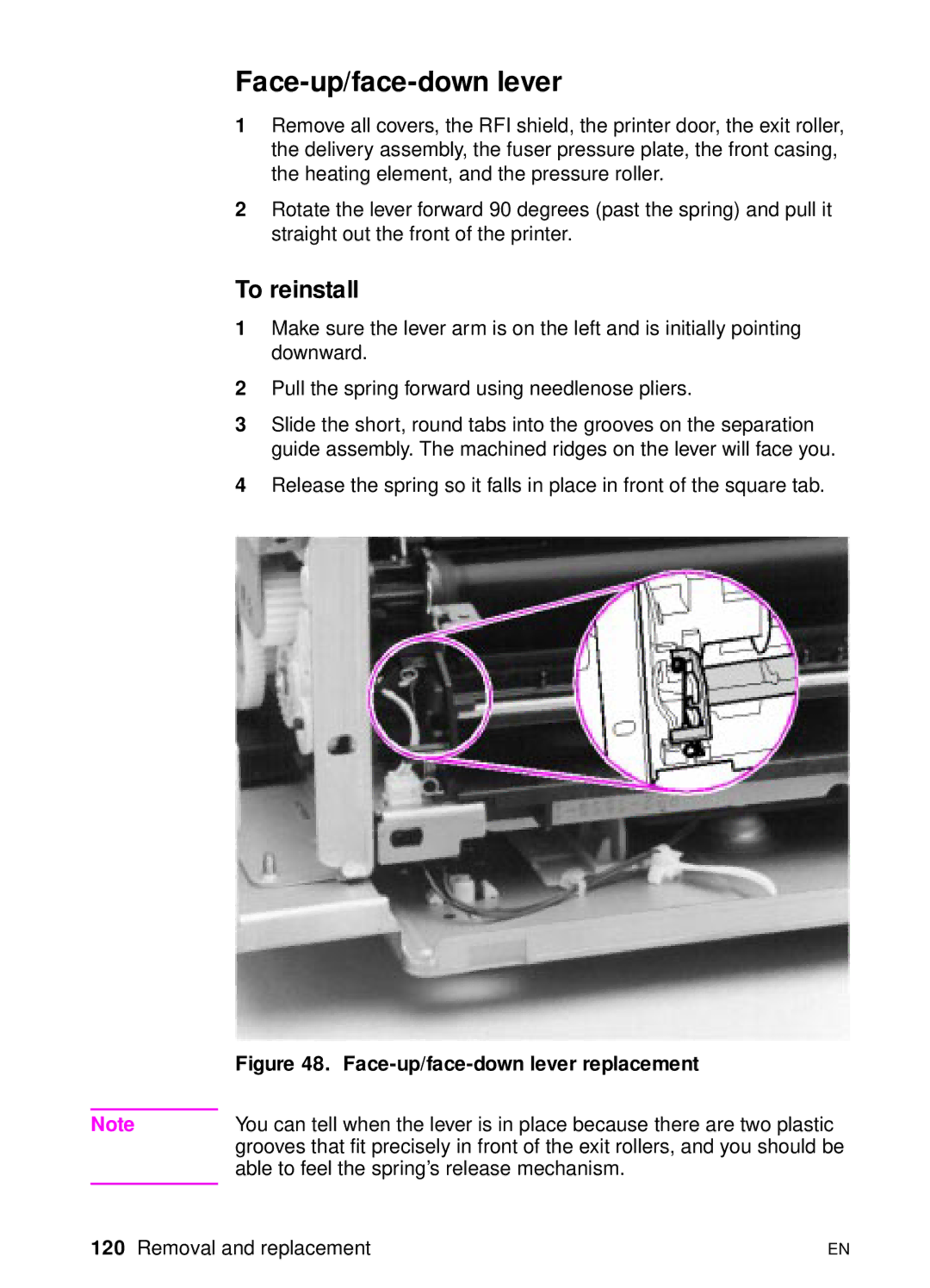 HP 3100, 3150 manual Face-up/face-down lever, Able to feel the spring’s release mechanism 