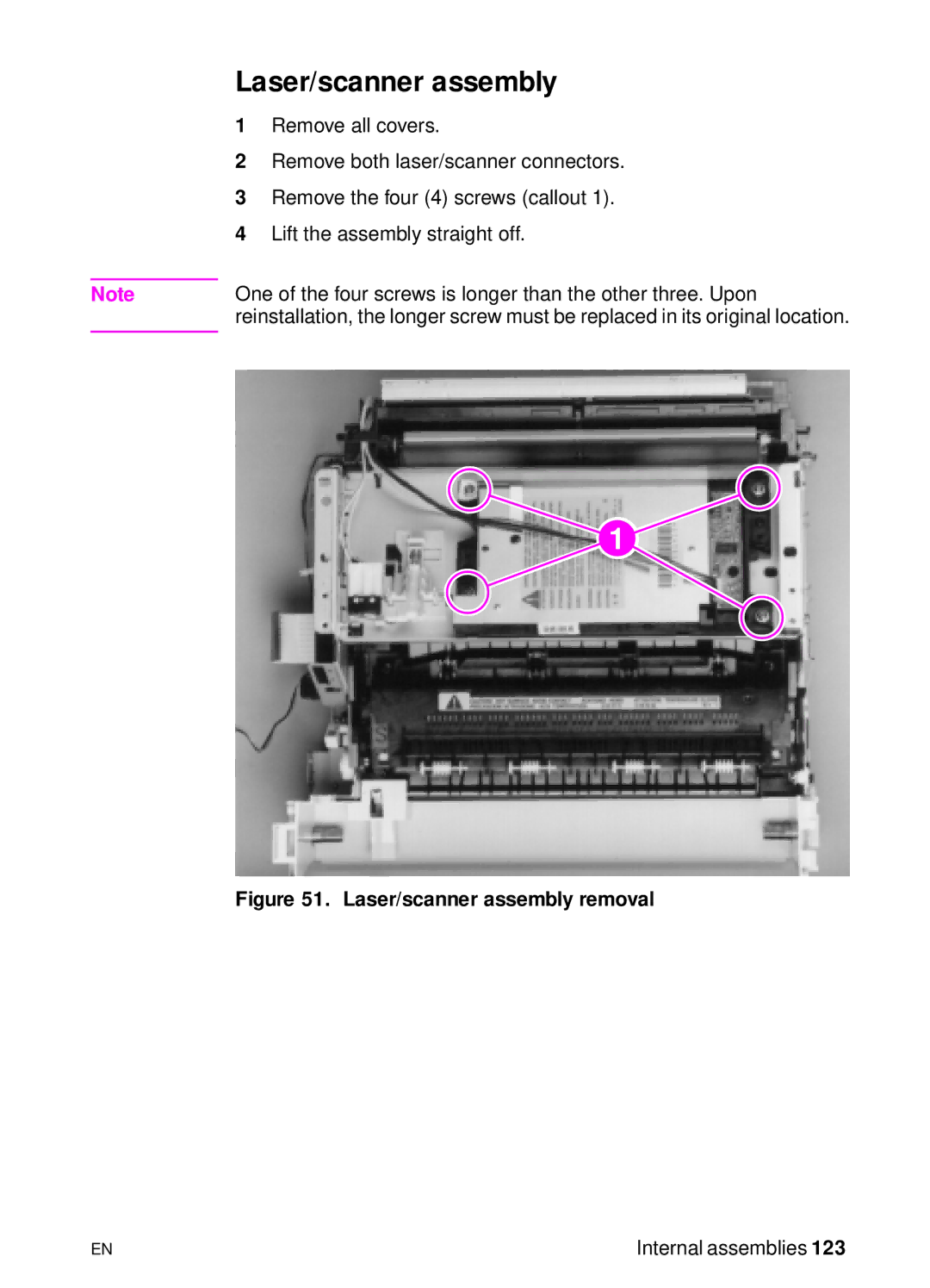 HP 3150, 3100 manual Laser/scanner assembly removal 