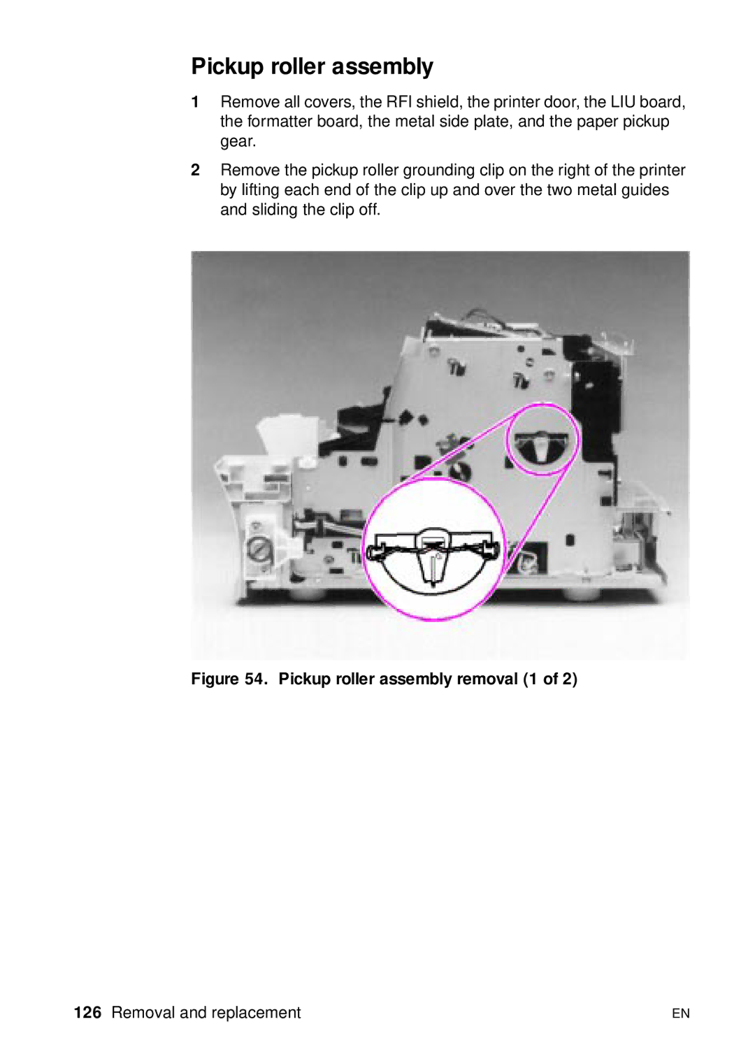 HP 3100, 3150 manual Pickup roller assembly removal 1 