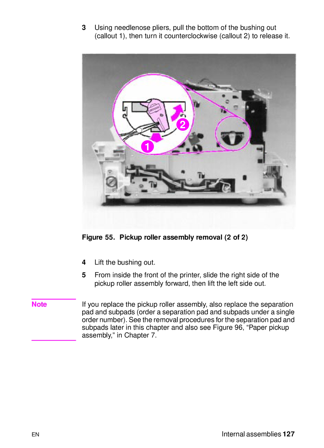 HP 3150, 3100 manual Pickup roller assembly removal 2 