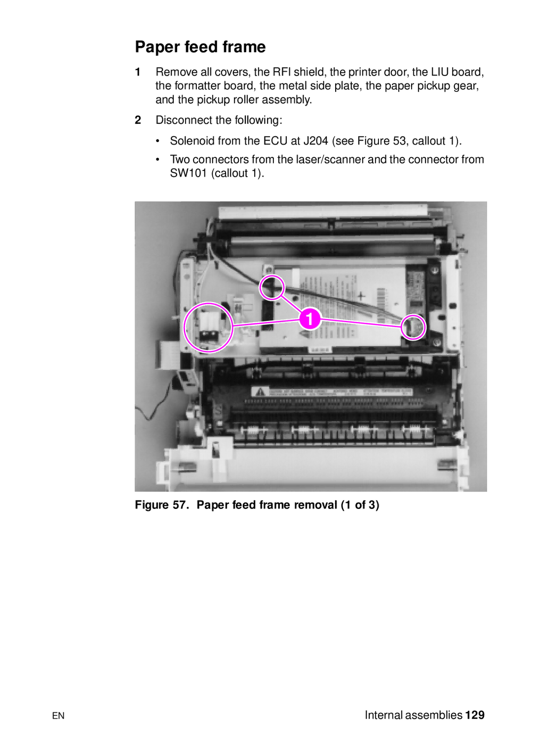 HP 3150, 3100 manual Paper feed frame removal 1 