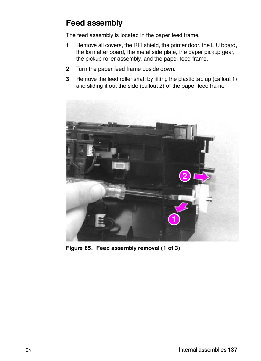 HP 3150, 3100 manual Feed assembly removal 1 