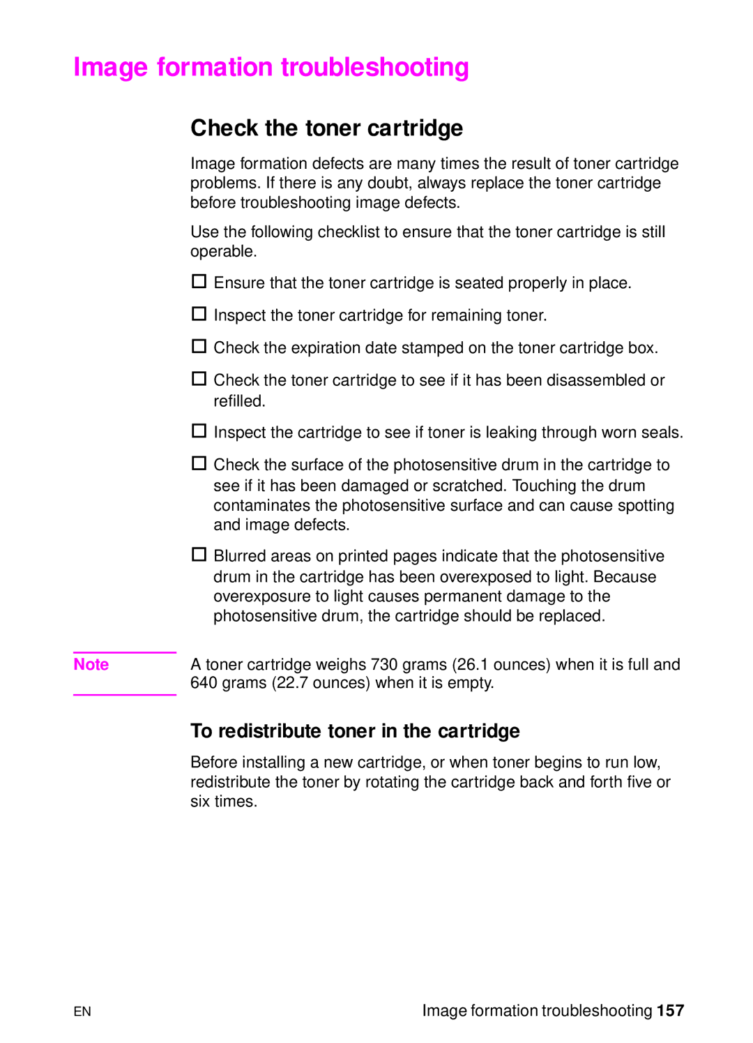 HP 3150, 3100 manual Image formation troubleshooting, Check the toner cartridge, To redistribute toner in the cartridge 