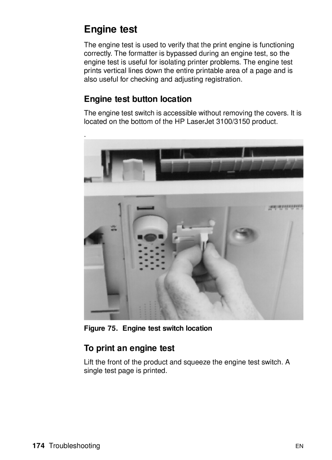 HP 3100, 3150 manual Engine test button location, To print an engine test 