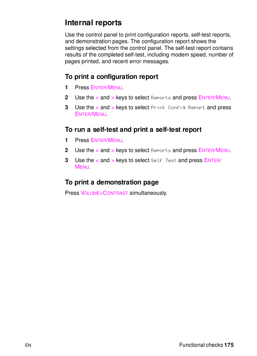 HP 3150, 3100 manual Internal reports, To print a configuration report, To run a self-test and print a self-test report 