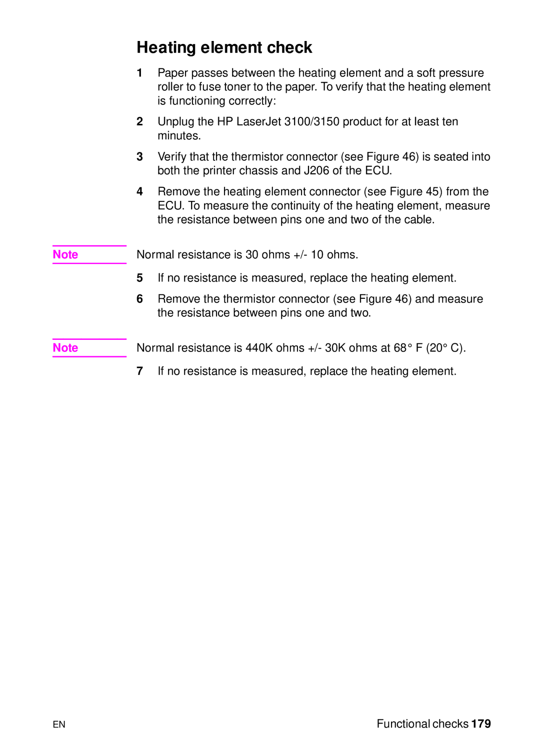 HP 3150, 3100 manual Heating element check 