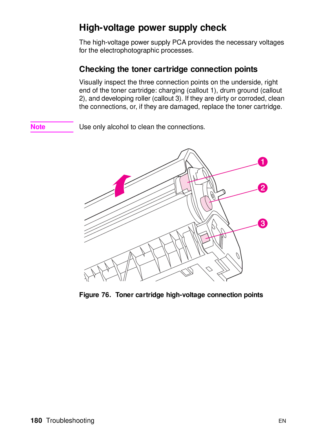 HP 3100, 3150 manual High-voltage power supply check, Checking the toner cartridge connection points 