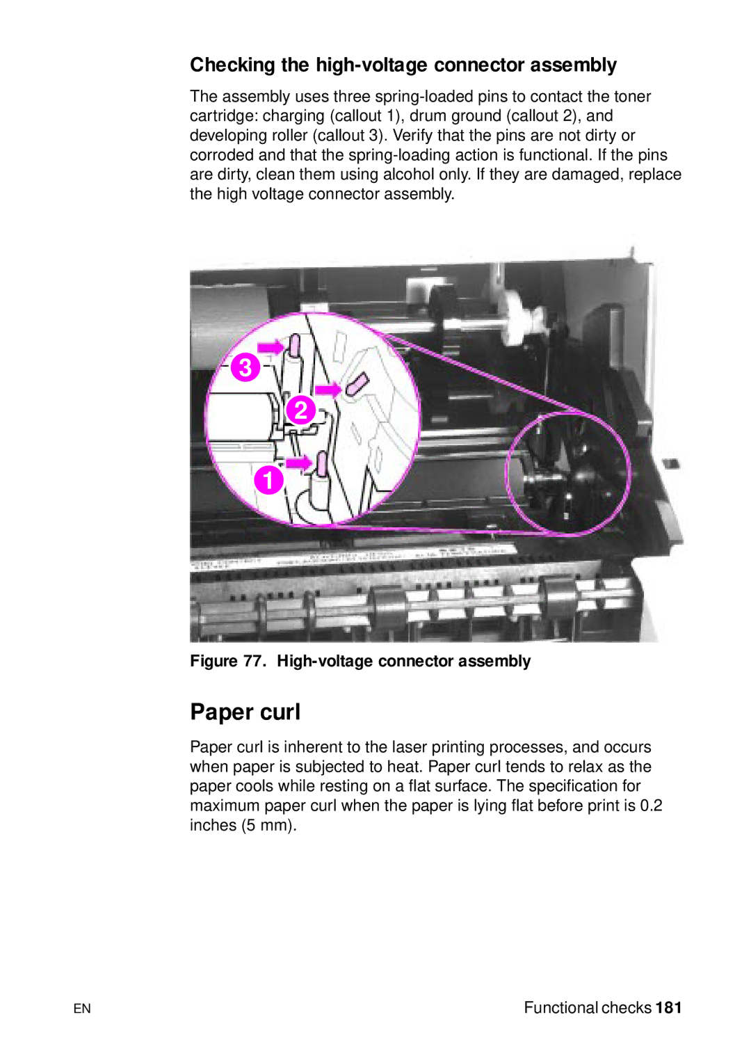 HP 3150, 3100 manual Paper curl, Checking the high-voltage connector assembly 