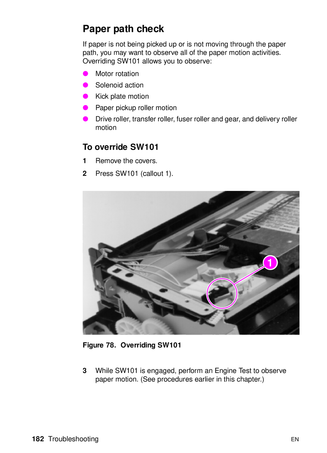 HP 3100, 3150 manual Paper path check, To override SW101 