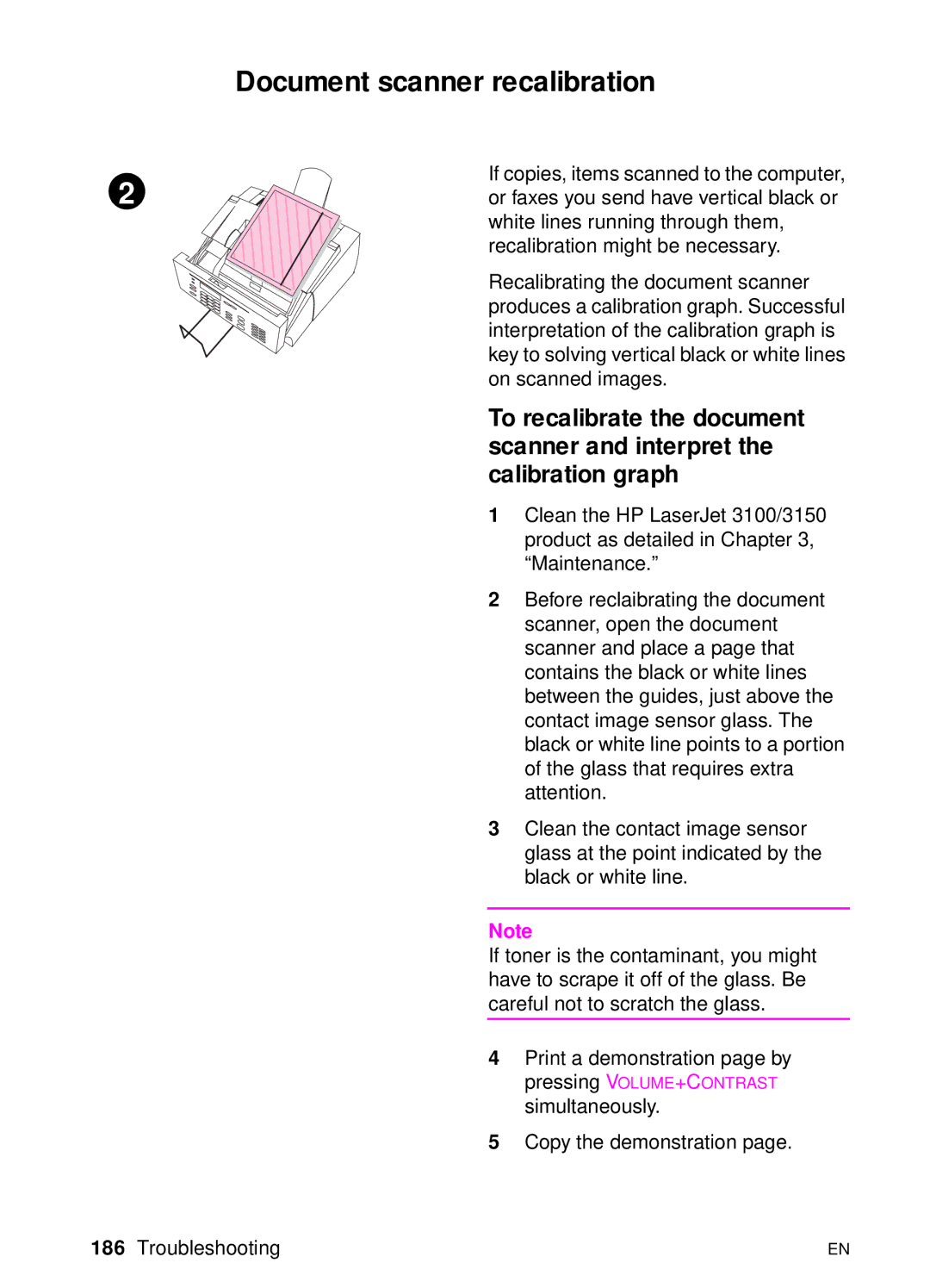 HP 3100, 3150 manual Document scanner recalibration, Pressing VOLUME+CONTRAST 