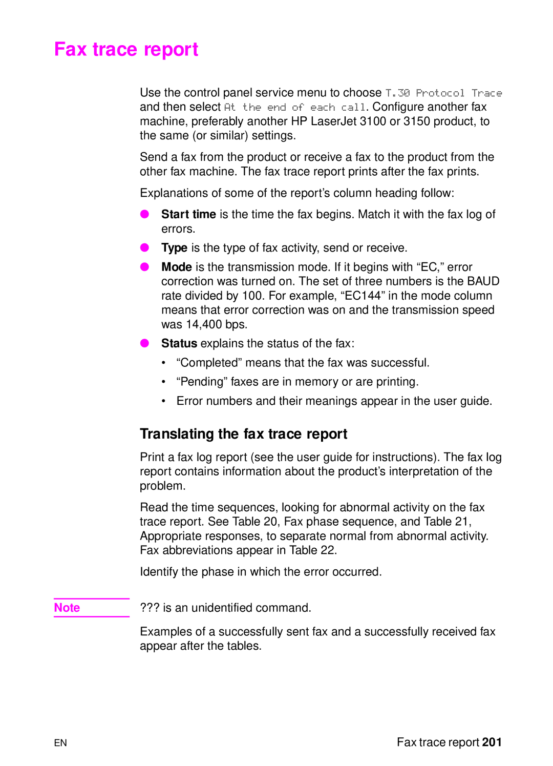 HP 3150, 3100 manual Fax trace report, Translating the fax trace report 