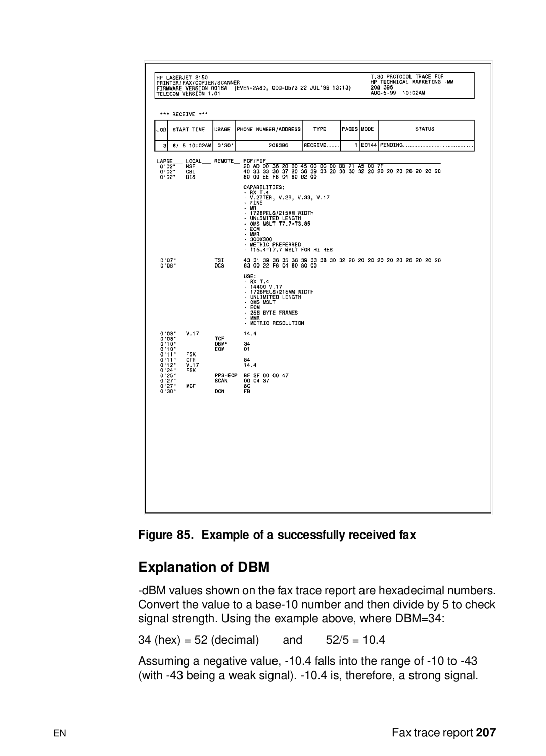 HP 3150, 3100 manual Explanation of DBM, Example of a successfully received fax 