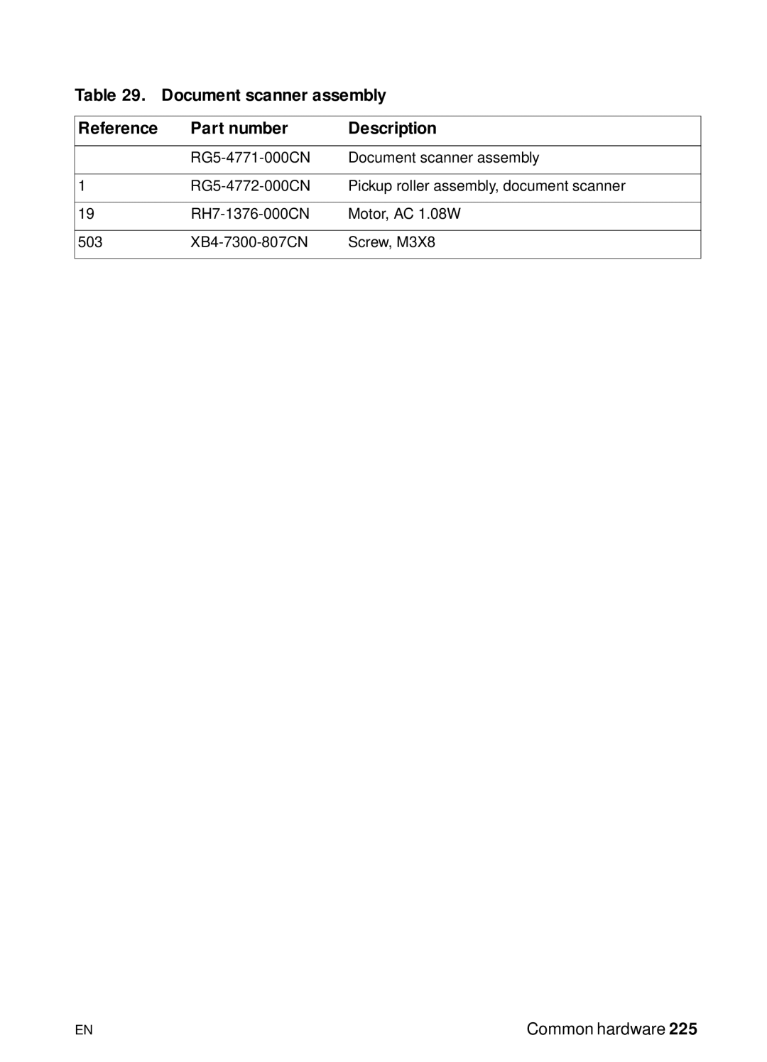 HP 3150, 3100 manual Document scanner assembly Reference Part number Description 