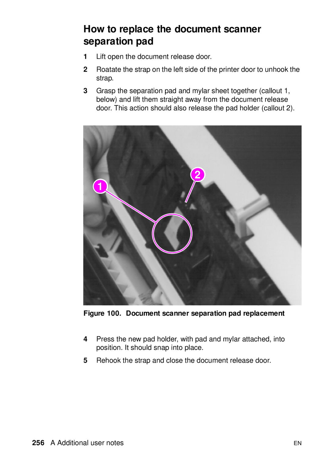 HP 3100, 3150 manual How to replace the document scanner separation pad, Document scanner separation pad replacement 