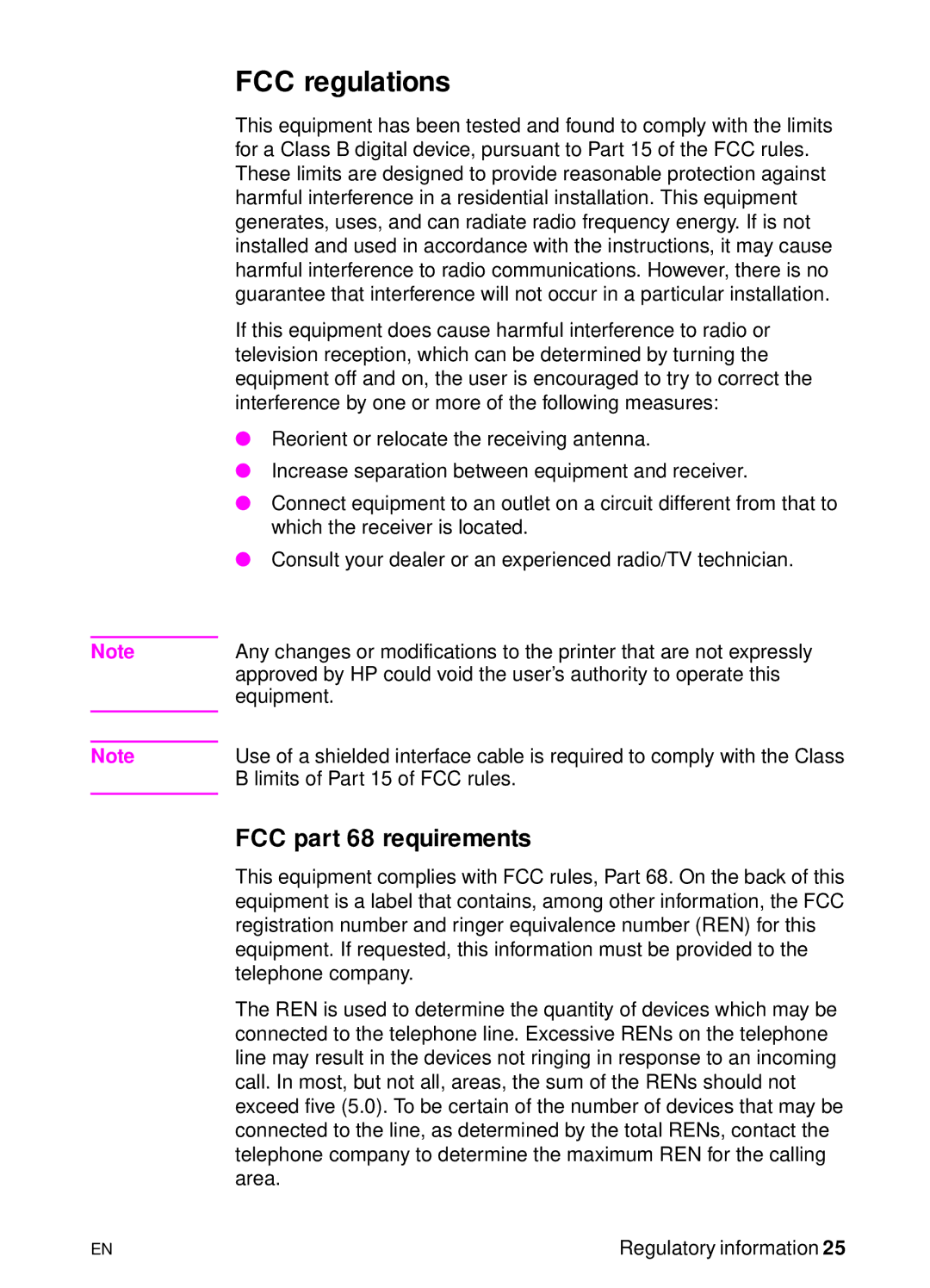 HP 3150, 3100 manual FCC regulations, FCC part 68 requirements 