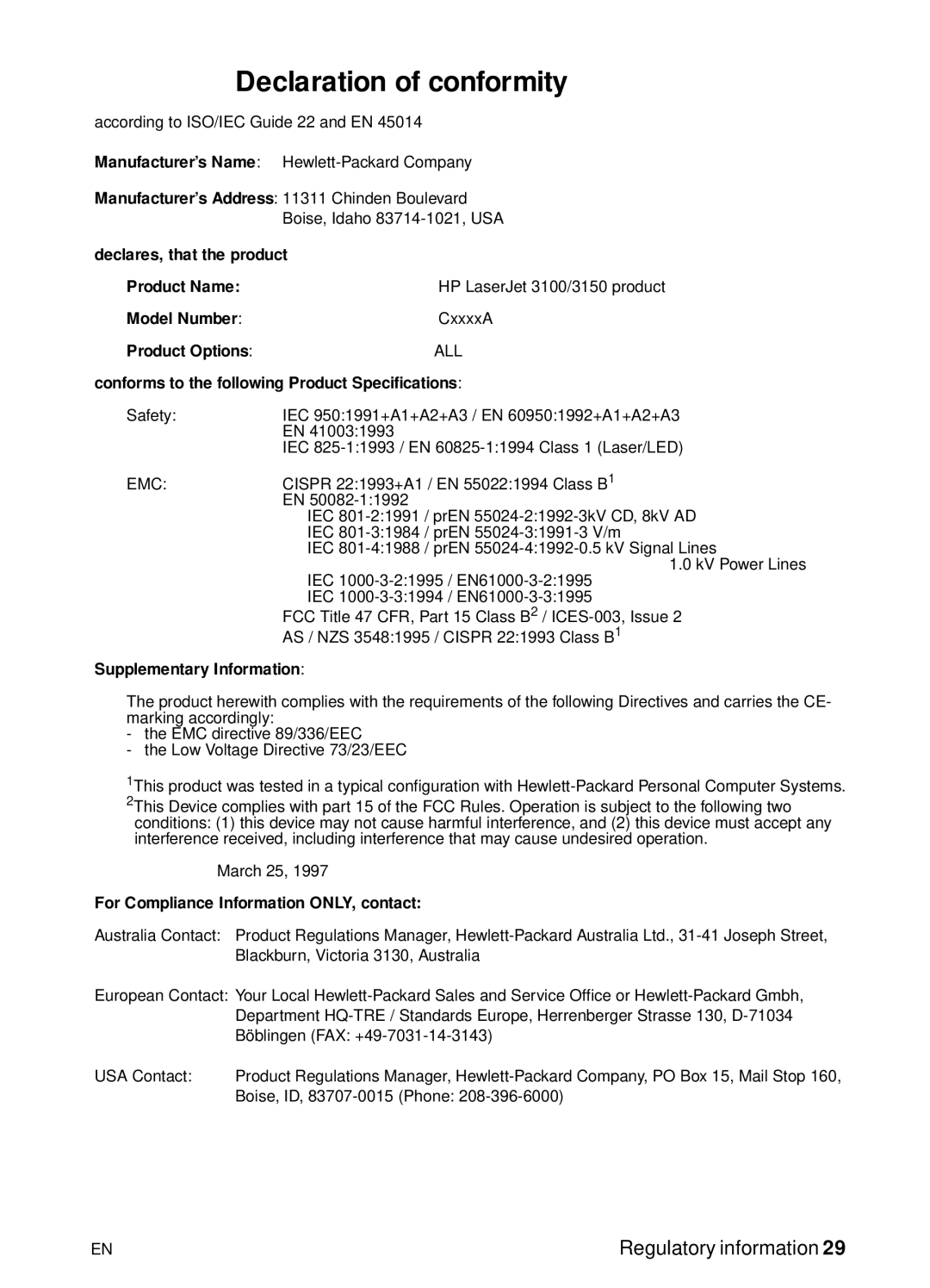 HP 3150, 3100 manual Declaration of conformity, Conforms to the following Product Specifications 