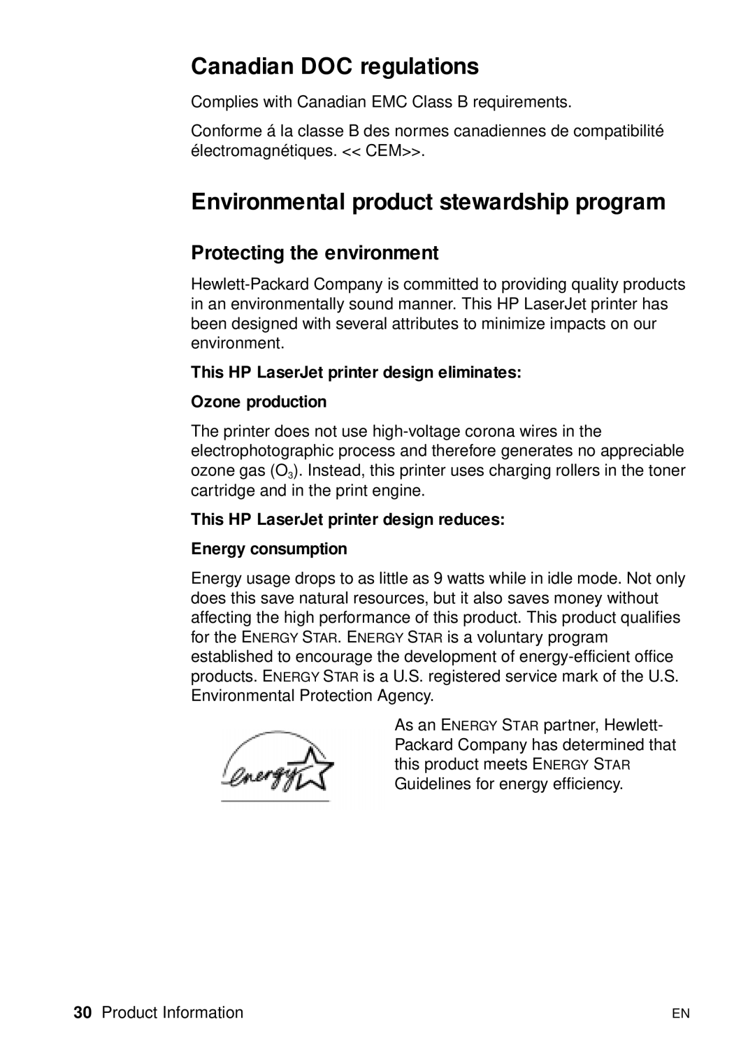 HP 3100, 3150 manual Canadian DOC regulations, Environmental product stewardship program, Protecting the environment 