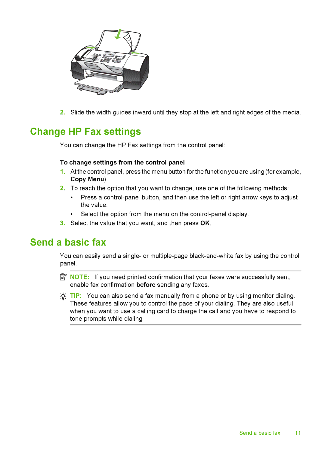 HP 3100 manual Change HP Fax settings, Send a basic fax, To change settings from the control panel 